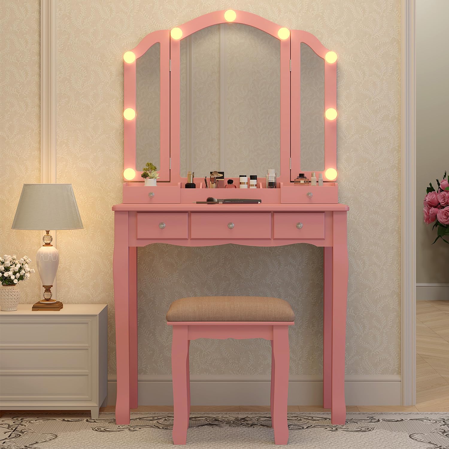 Desk Setup Girl - Pink Makeup Vanity Desk with Mirror