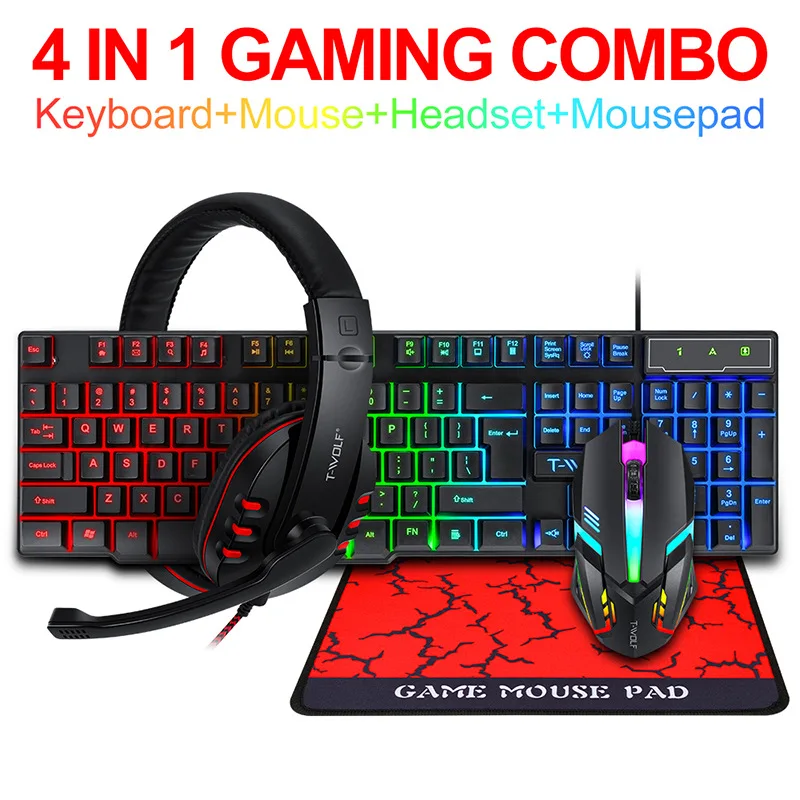 Desk Setup Keyboard - T-WOLF Game Four Piece TF800 Illuminated