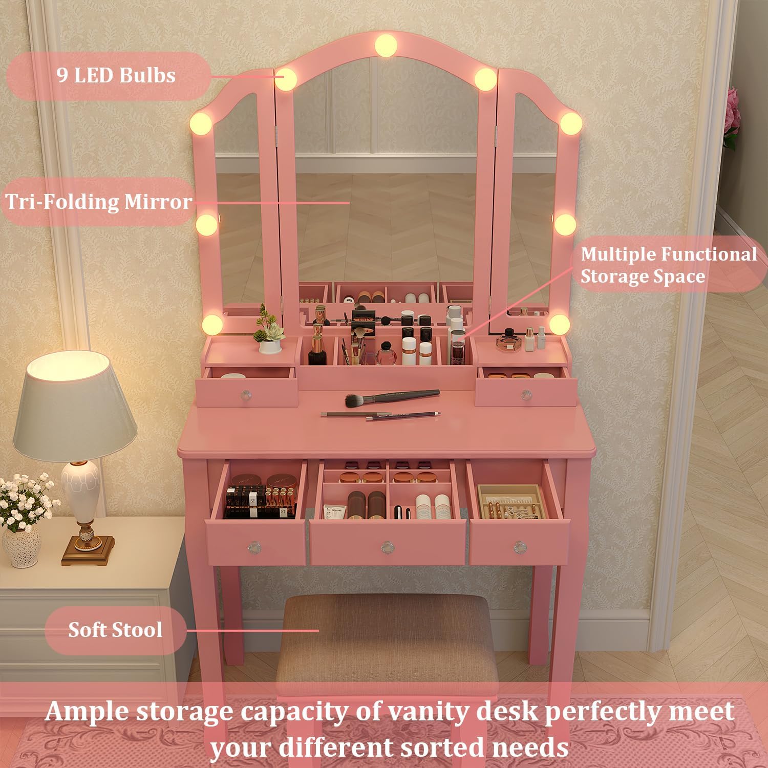 Pink Makeup Vanity Desk with M - Desk Setup Girl recension och pris