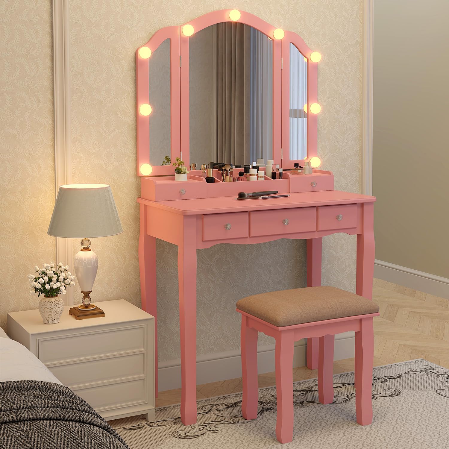Pink Makeup Vanity Desk with M - Desk Setup Girl recension och pris
